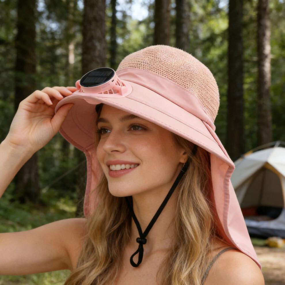 (XS, Pink) Adults Wide Brim Sun Hat with Solar Fan UPF Protection Fisherman Hat for Hiking, Outdoor