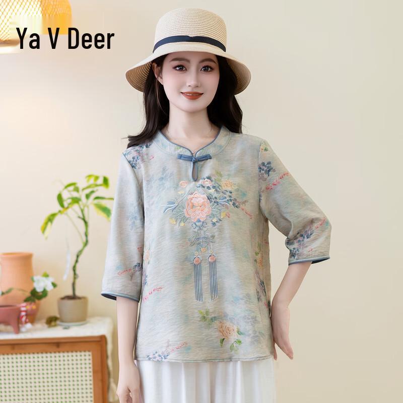 Yalu New Chinese Style Embroidered Tencel Cotton Linen Three-Quarter Sleeve Blouse XL