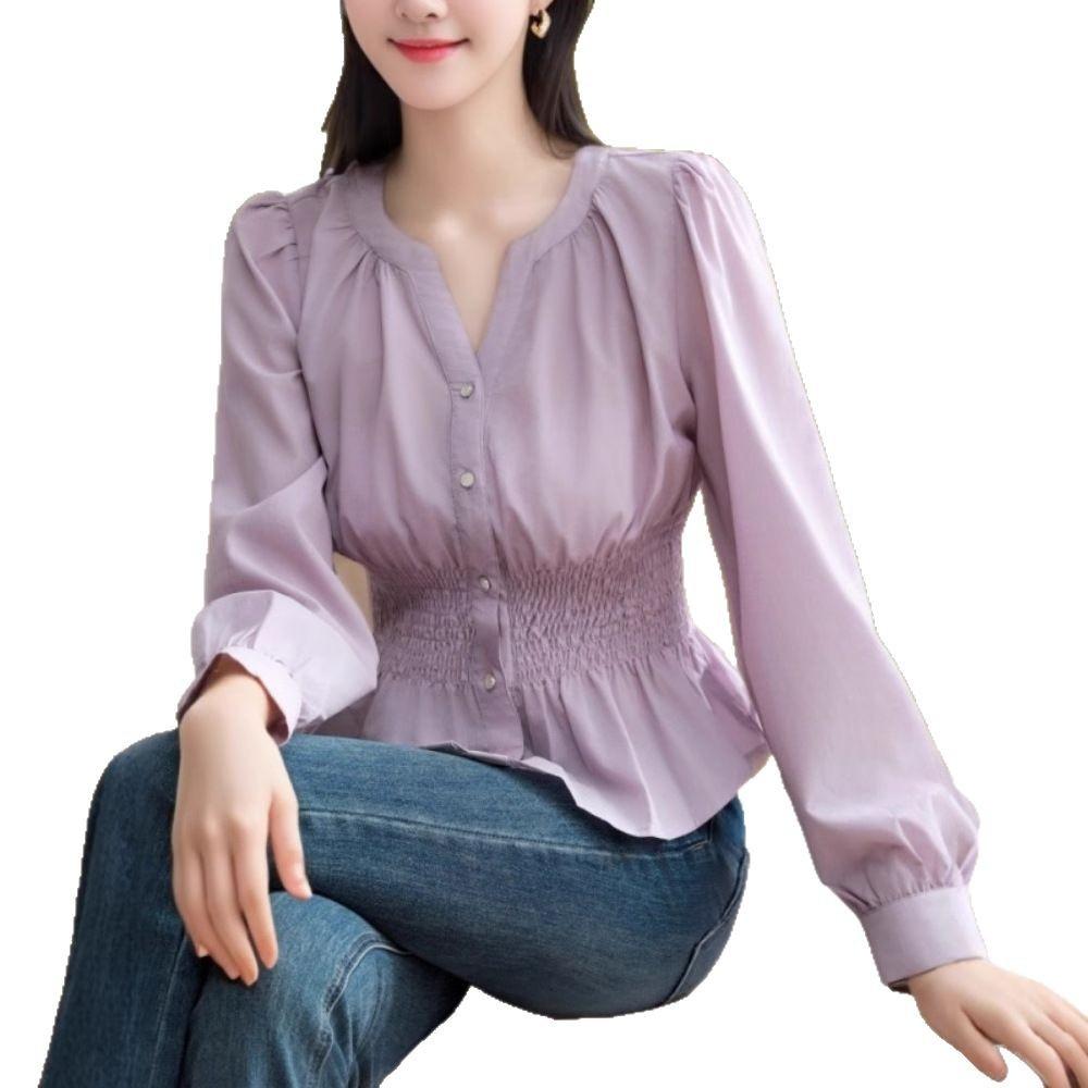Spring New Women's Clothing French Waist Top Women's Thin Women's Long-sleeved Purple Thin Shirt