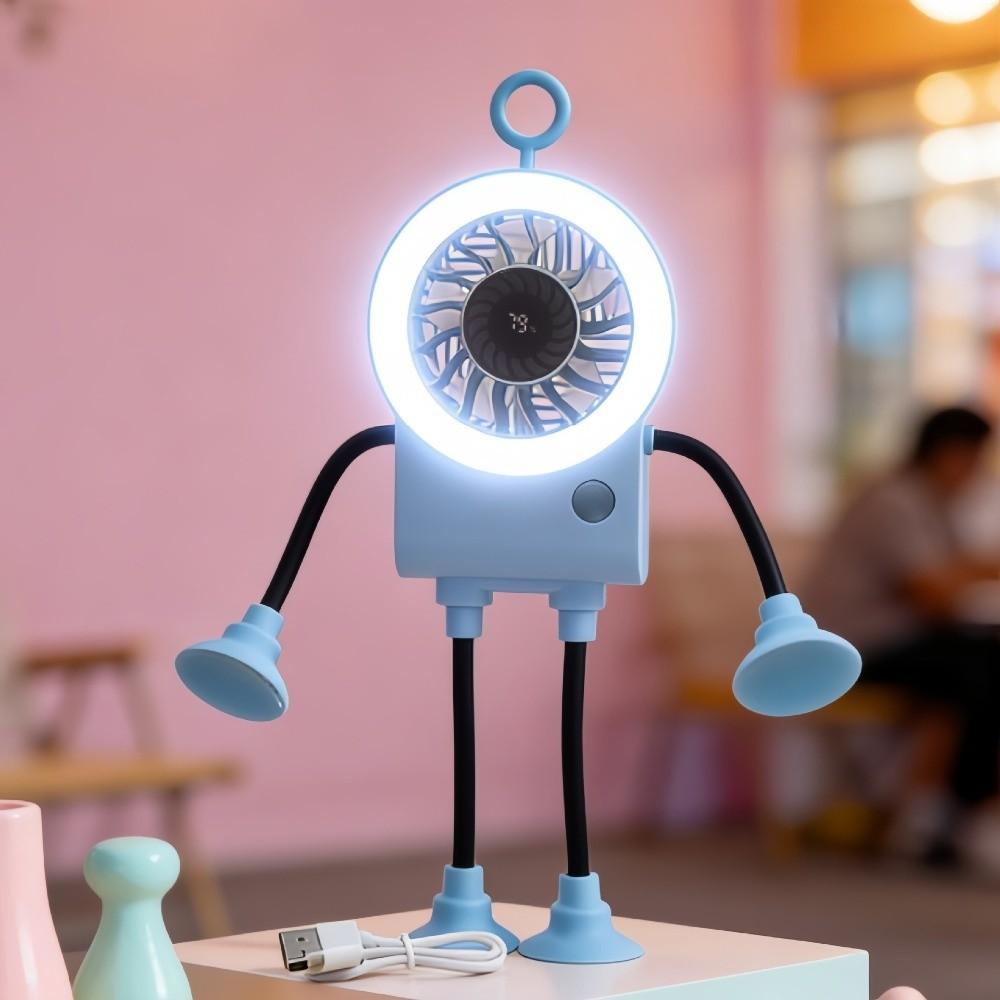 

Quiet Operation Robot Suction Cup Fan USB Rechargeable Desk Fan Cartoon Mini Sucker Fan Commuting синий