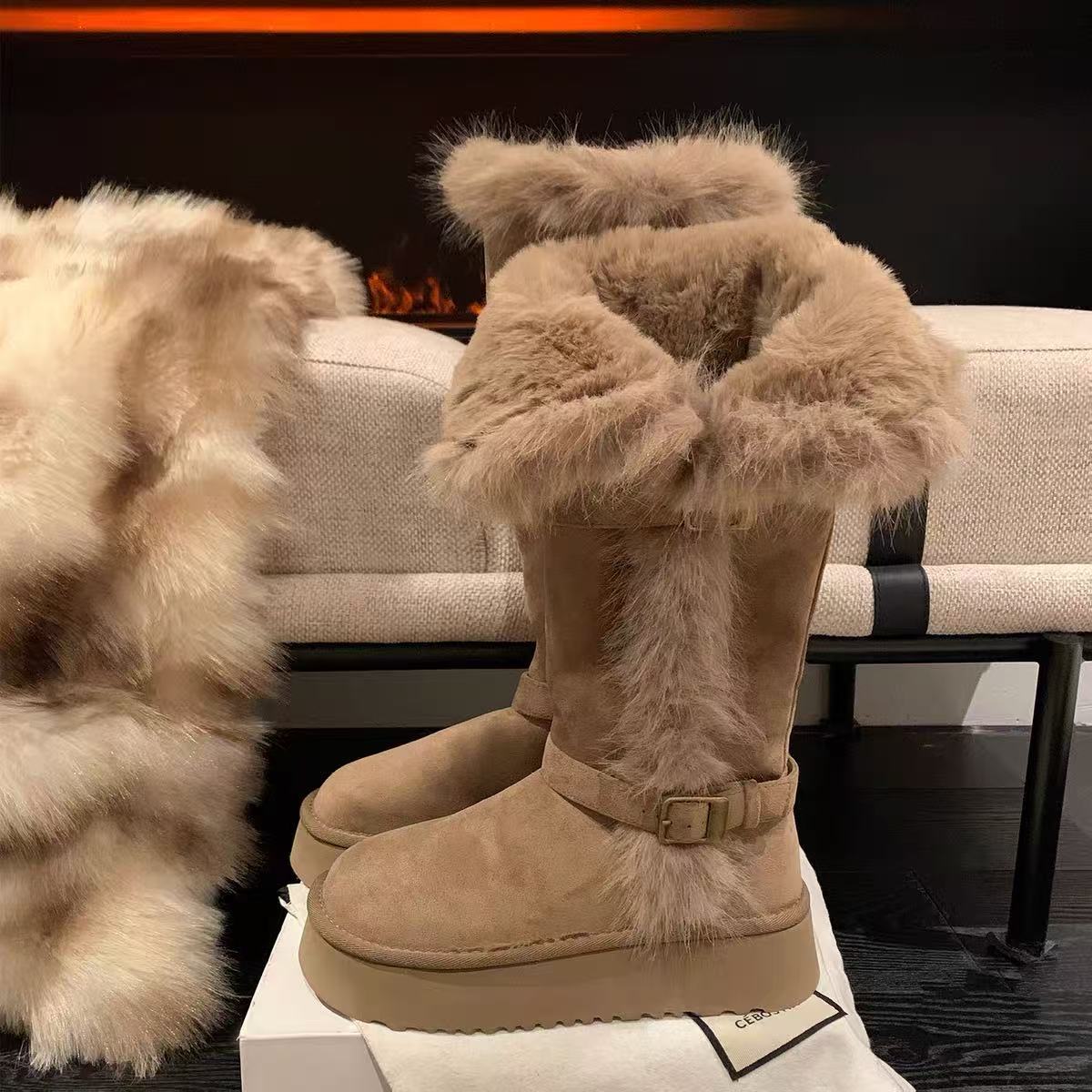 Cowhide version thick-soled long-tube snow boots women s new winter velvet thickened warm high-tube fluffy snow boots 40 темные хаки
