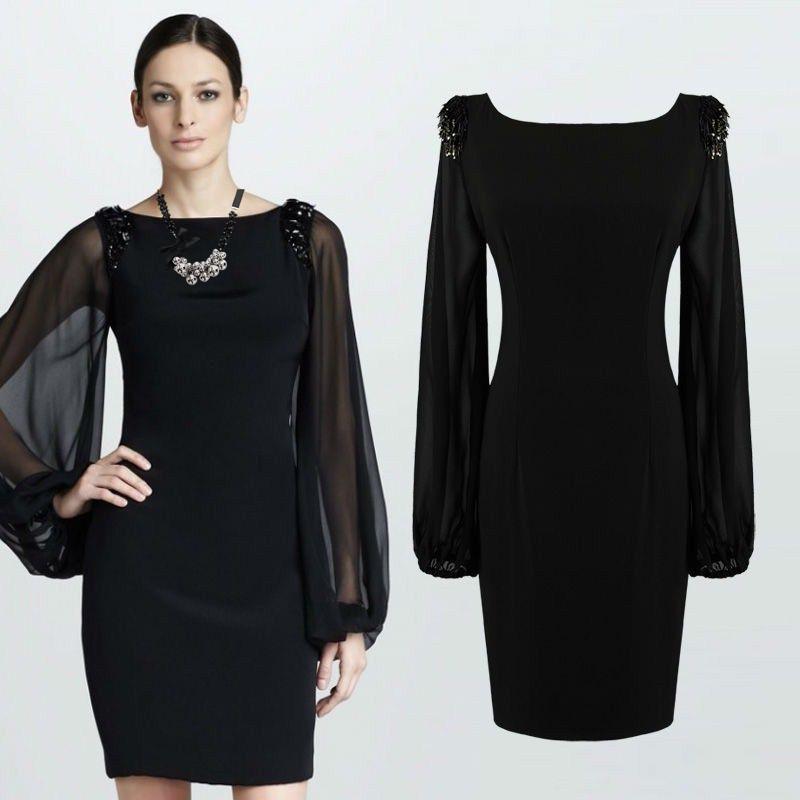 

Quick Buy Hot Sale Autumn New Large Size Women s Chiffon Long Sleeve Shoulder Beaded Temperament Dress XL чёрный