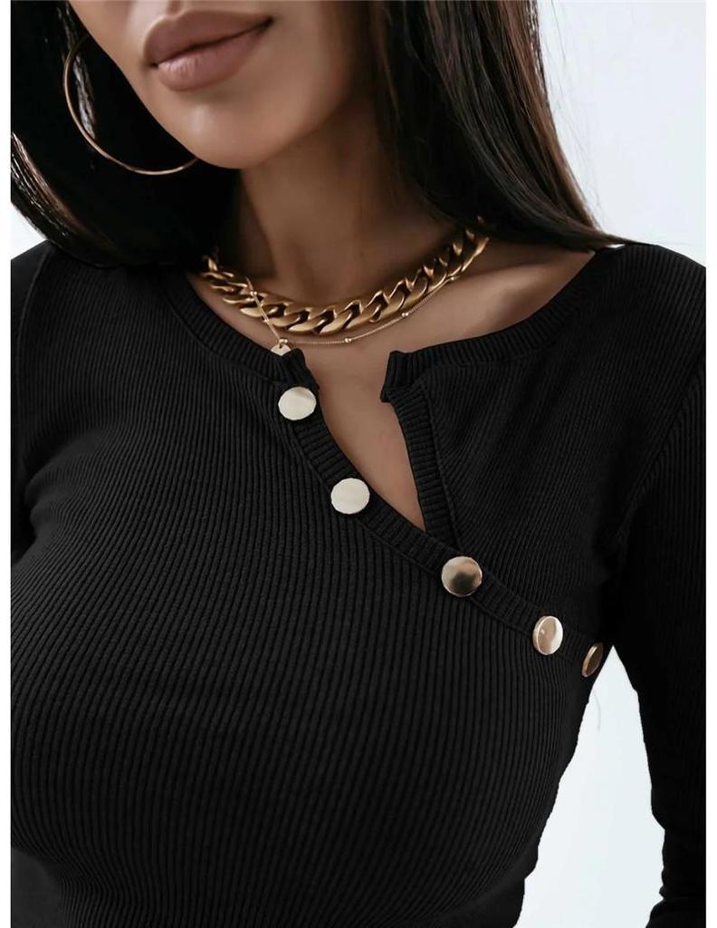 2024 Simple Ribbed V-Neck Long Sleeve Button Women's Top for Autumn/Winter