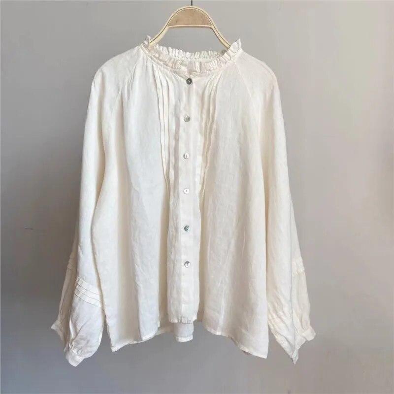 Johnature Bluze de damă cu volane, primăvară, vintage, culoare solidă, plisate, vrac, casual, simple, asortate