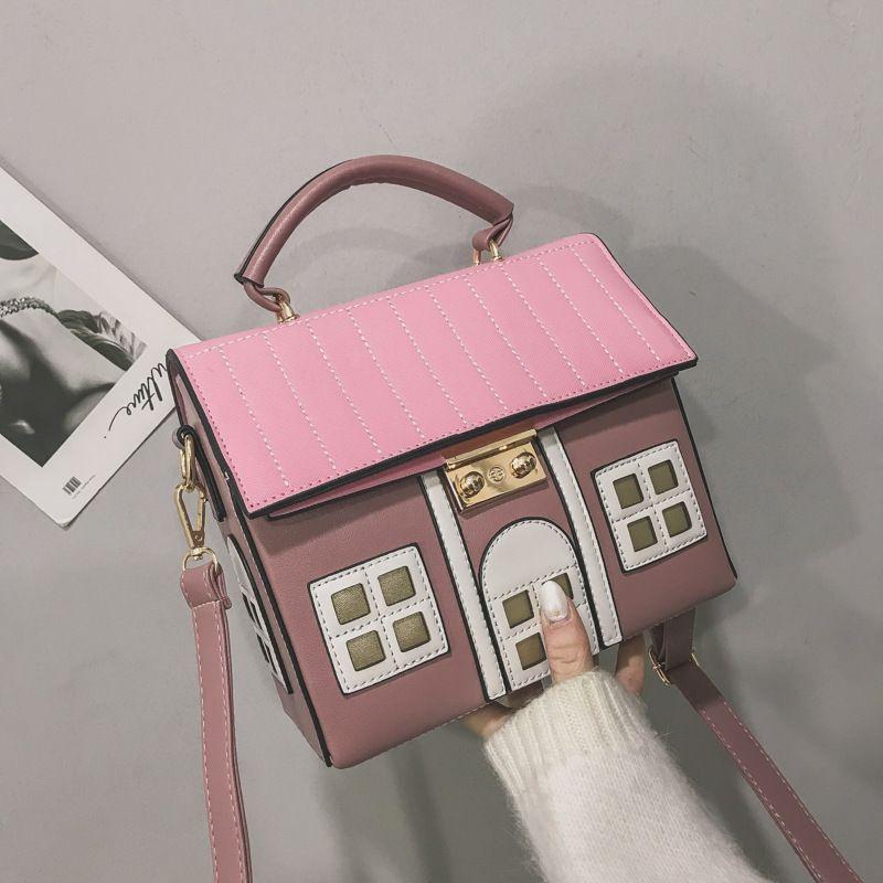 

Cute Little House Handbag Women Color Blocking PU Leather Large Capacity Shoulder Bag Ladies Creative Patchwork Crossbody Bags 22x19x10.5cm коричневий