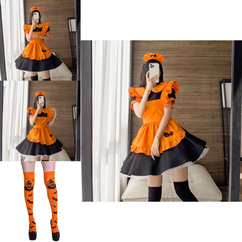 Cute Lolita Pumpkin Maid Halloween Party Costume Dress With Headdress