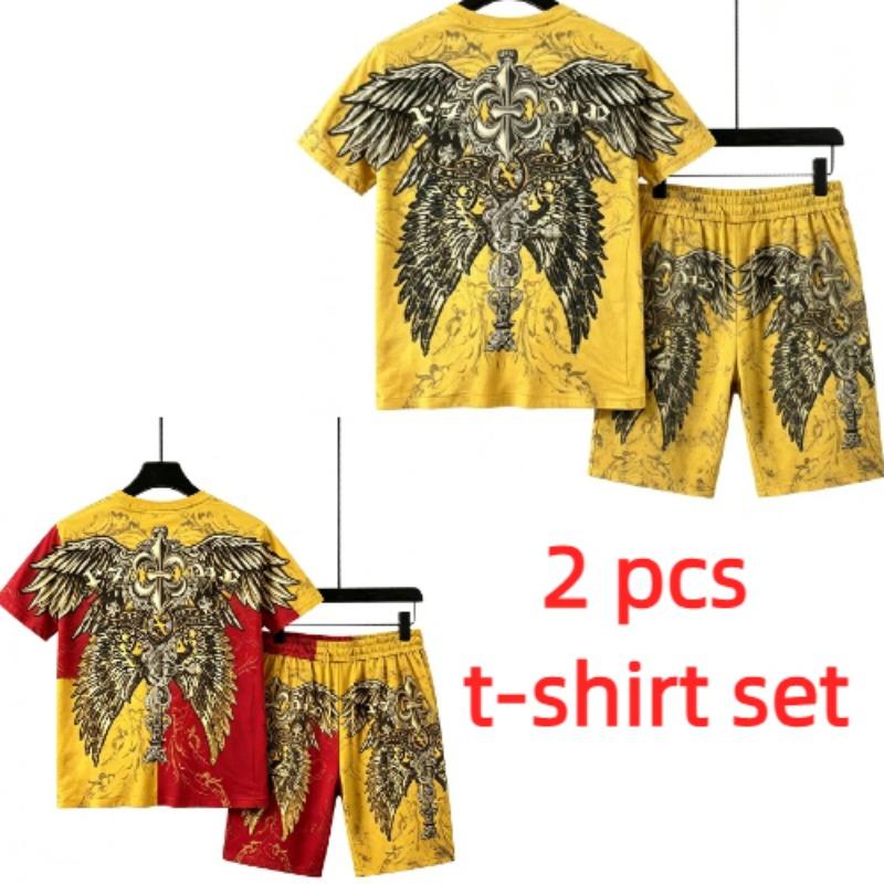 European and American Street Men's Short Sleeved T-shirt Shorts Set 3D Angel Wings Skull Print Men's and Women's Loose Casual Sports Suit