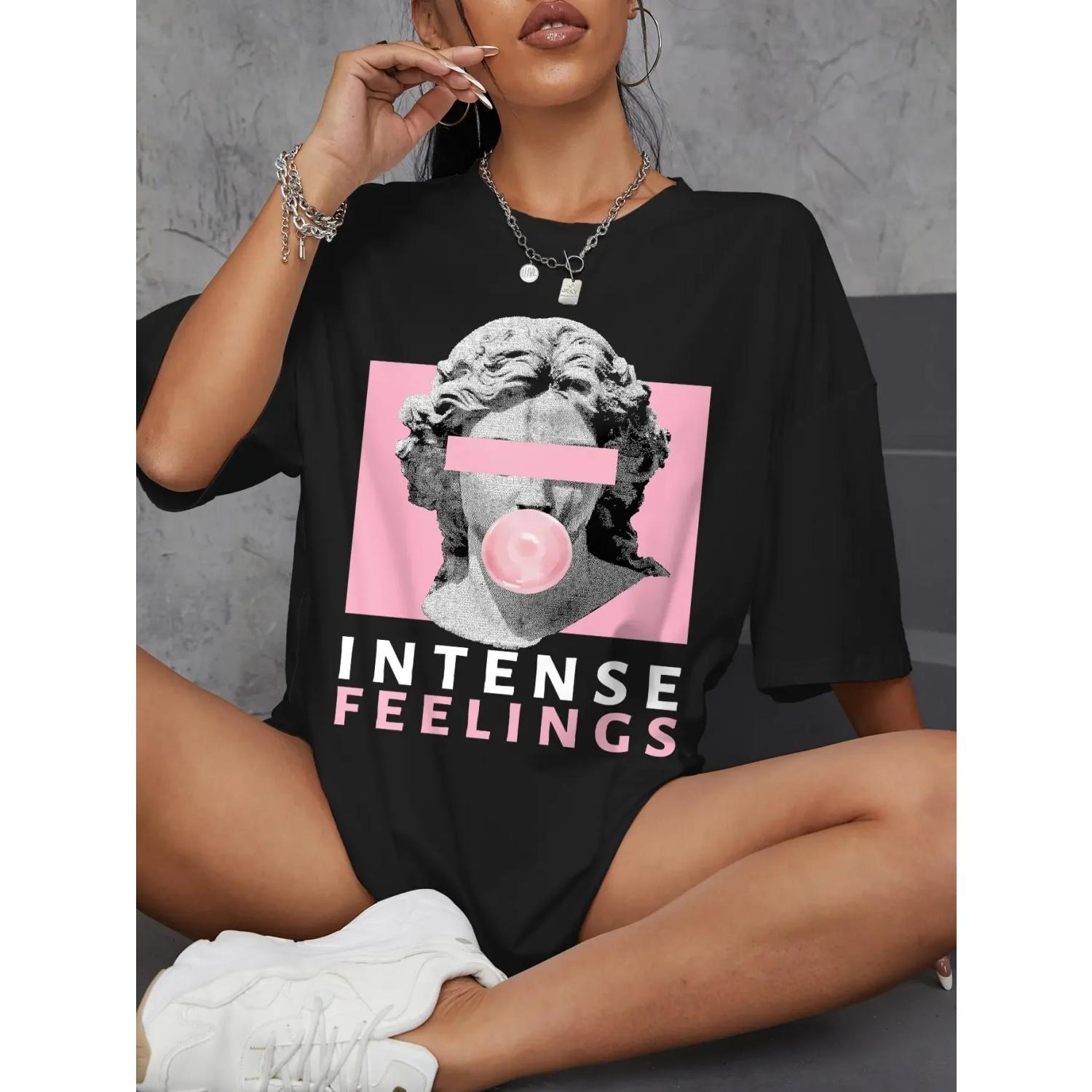 

INTENSE FEELINGS Street Hip Hop Female T-Shirts Loose Oversize Short Sleeve Soft Cotton Soft Tops Summer Breathable Tee Clothing S чёрный