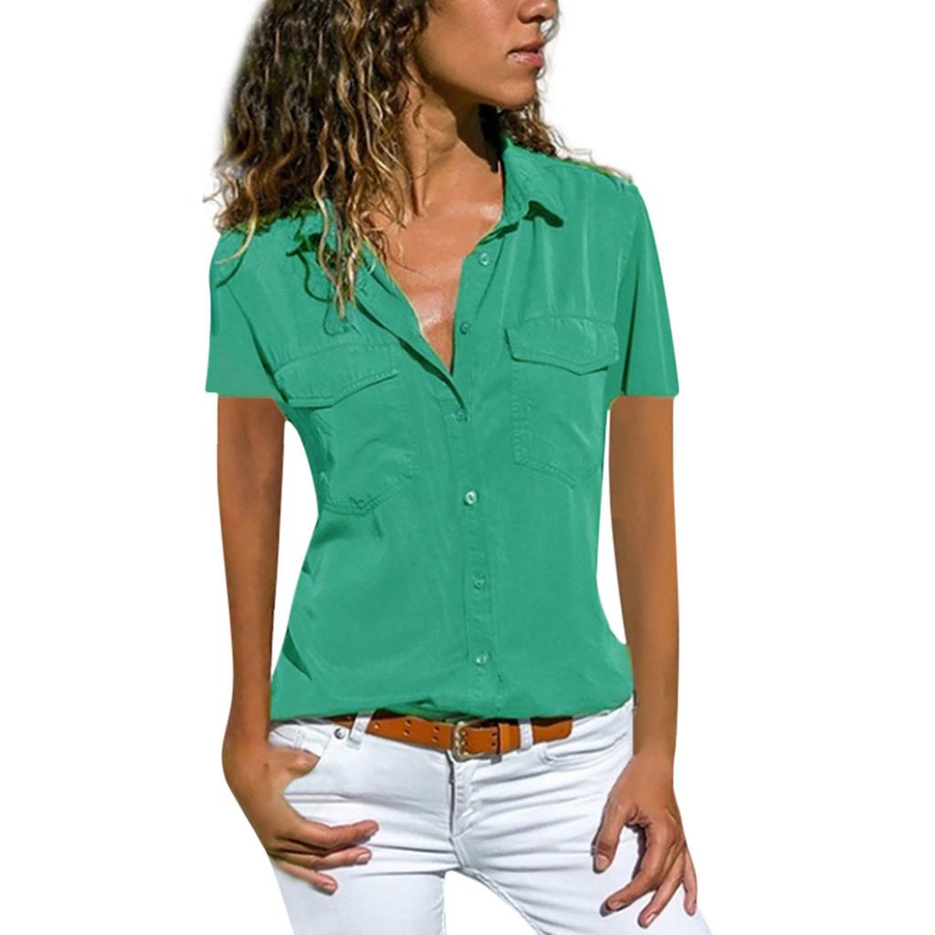 Down Collar Pockets Buttons Shirt Tops 