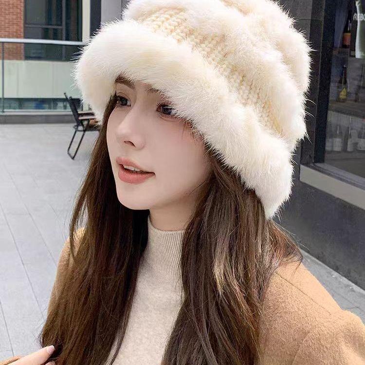 

Rabbit Fur Bucket Hat Thickened Winter Versatile Hat Plush Knitted Warm Wool Hat Showing Small Face Lion Hat one size 55-60
