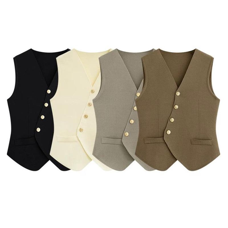 Women'S Winter Sleeveless Top Single Breasted French V-Neck Cardigan Vest