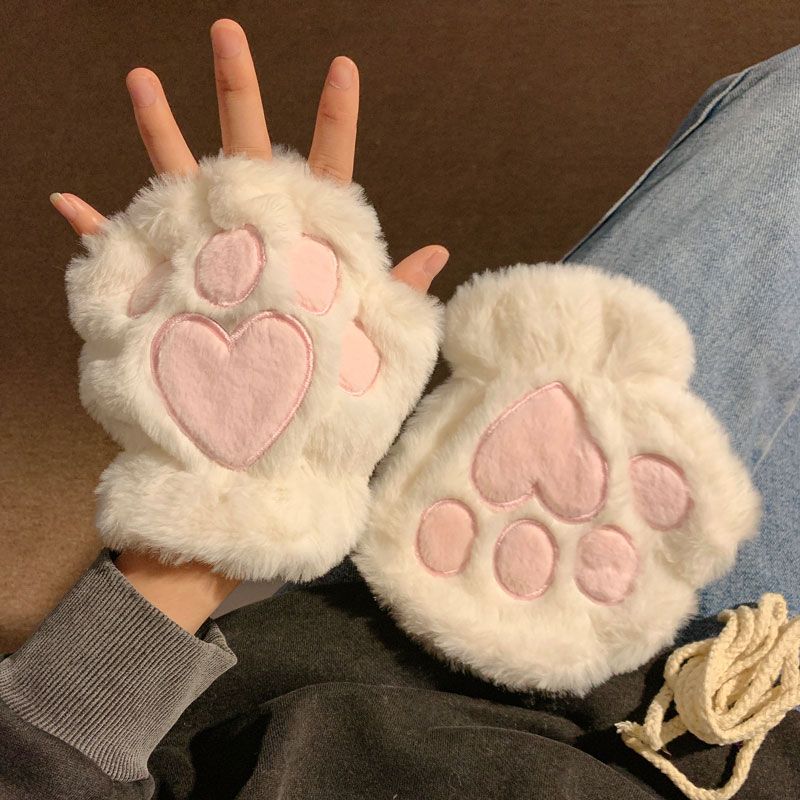 

Stuffed Half Finger Female Cold-Proof Mobile Phone Cute Cat Claw White half finger cat claw gloves M