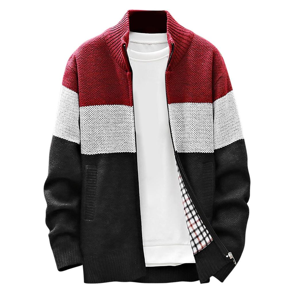 Men's Cardigan Sweaters Knitted Full Zip Collared Regular Fit Jacket Casual Color Block Baggy Winter Warm Coat