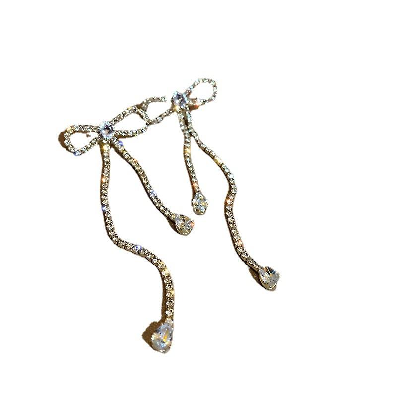 Diamond Bow Tassel Exaggerated Temperament High-End Design Stud Earrings
