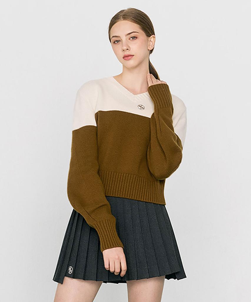 XEXYMIX Balloon Sleeve Contrast Knit Khaki Brown Gt5006G