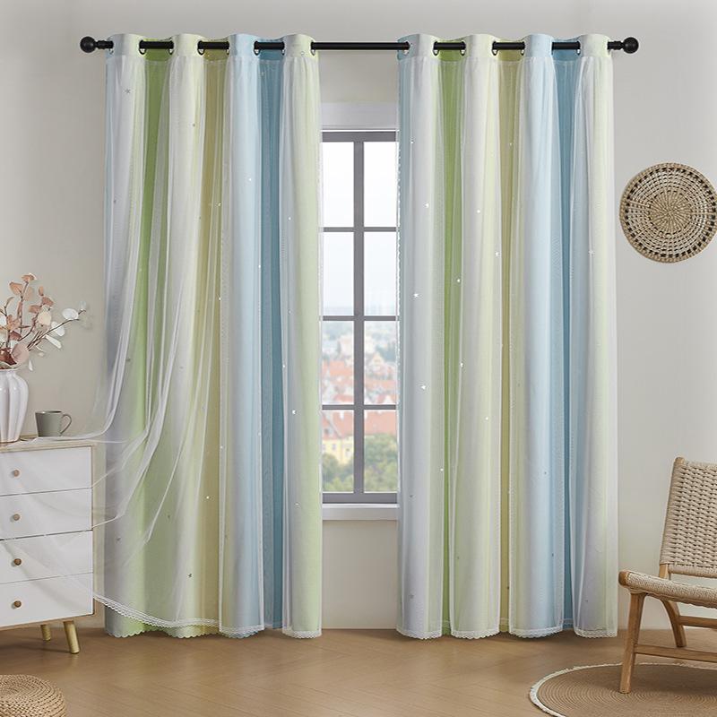 Double Layer Gradient Rainbow Blackout Curtains with Star Cutouts for Kids Room Bedroom Living Room Decor