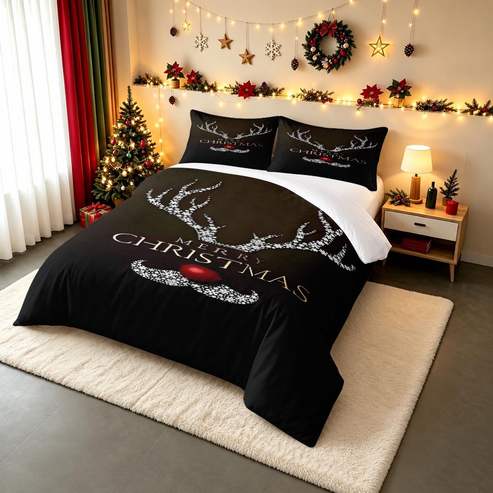 Snowflake Reindeer Antlers Christmas Bedding set (1 duvet cover, 2 pillowcases, duvet not included), Red Nose Typography Art Print