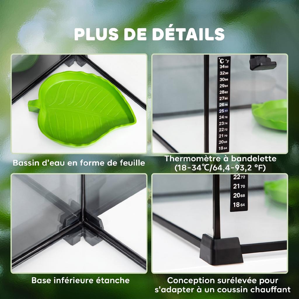 Reptile Terrarium, Transparent Habitat, Sliding Metal Mesh Lid, 30 x 30 x 20 cm, Black