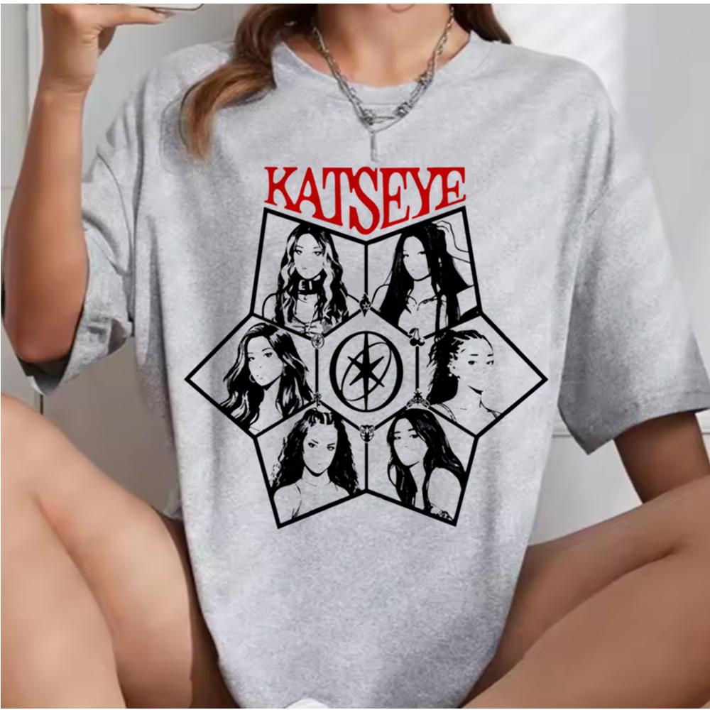 Katseye Beautiful Chaos Pink Gray T-shirts Kpop Tee Women and Unisex Oversized Tee Graphic Short Sleeve T-Shirt Unisex Tops