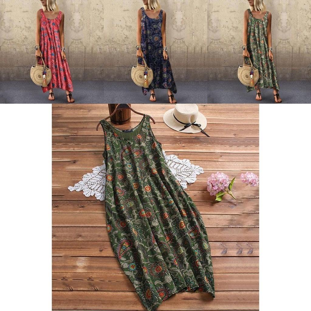 Elegant Womens Summer Sleeveless Holiday Long Boho Kaftan Tank Dress For Beach