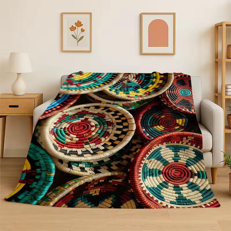 Colorful Flower Woven Baskets Mandala Art Ethiopia Flannel Blanket Soft Throw Blanket for Bedroom Living Room Bed Picnic Cover