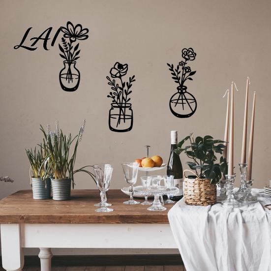 Boho Style Interior Decor 3Pcs Black Metal Flower Wall Decor Rustic Farmhouse Art Modern Living Room Hanging Vase Floral for Bathroom Kitchen
