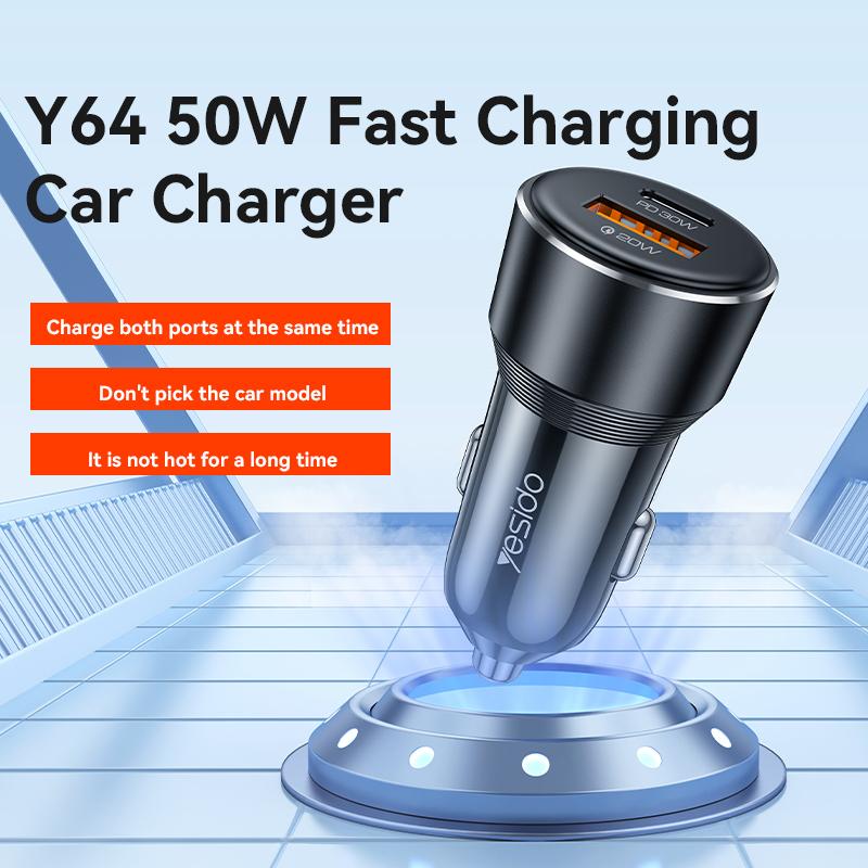 

YESIDO Y64 50W USB+Type-C Dual Port Car Charger Fast Charging Cigarette Lighter Adapter As Shown A