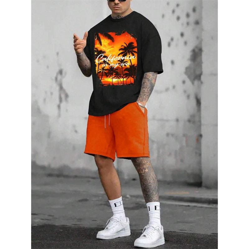 Men's Suit Hawaiian Gradient Coconut Print Suit Summer Beach T-Shirt and Pants 2 Piece Fashion Sports Plus Size Men's Suit