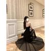 Temperament high-grade black Spice Girl mesh design tube top dress splicing backless summer new slim-fit medium and long dress