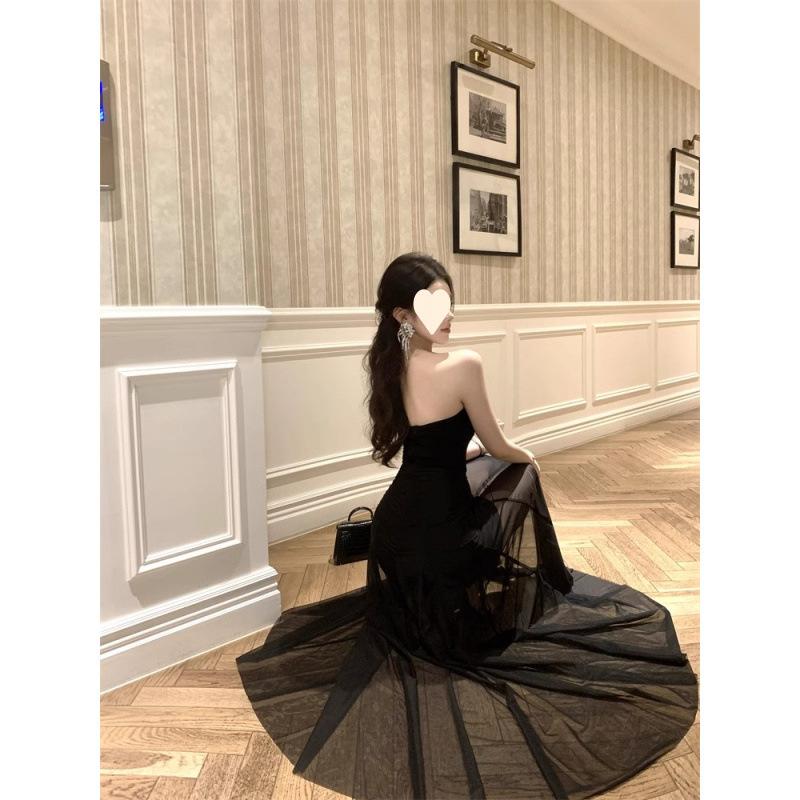 Temperament high-grade black Spice Girl mesh design tube top dress splicing backless summer new slim-fit medium and long dress