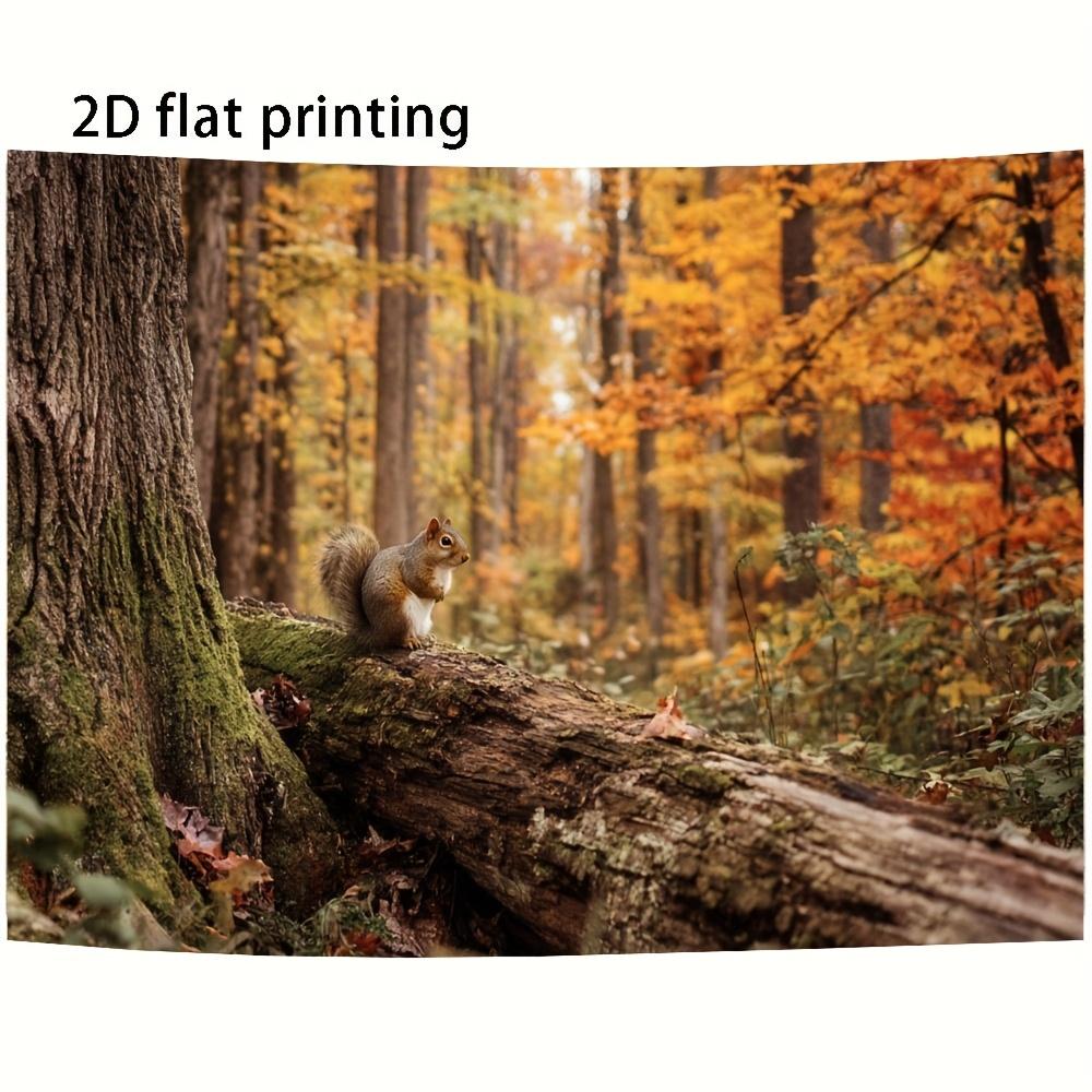 2D plane, autumn forest theme, featuring squirrels, wood, trees and fallen leaves, polyester fiber