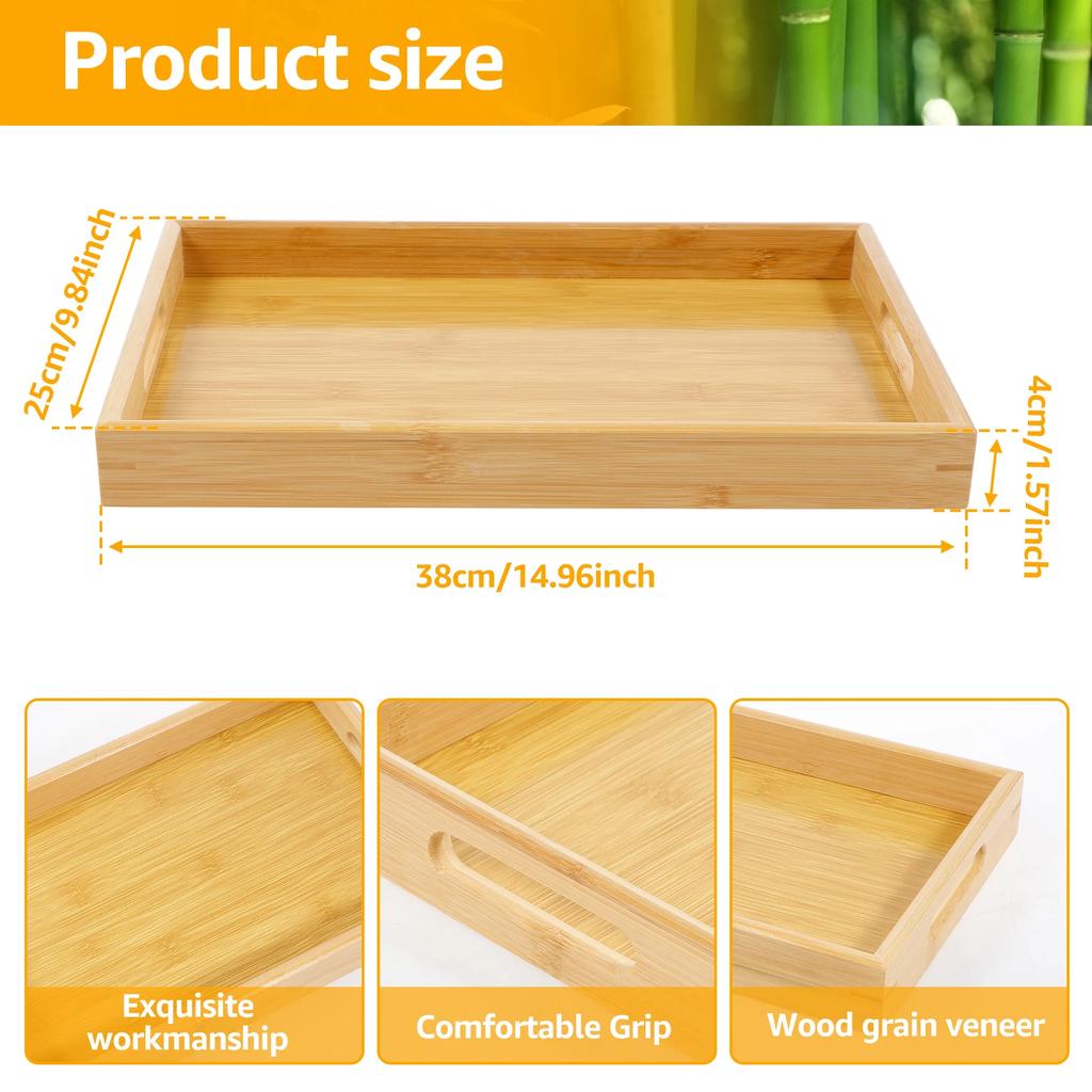 Bamboo Serving Tray with Handles Modern Serving Trays Platter Solid Bamboo Rectangle Decor Platter Ergonomic Bamboo Breakfast