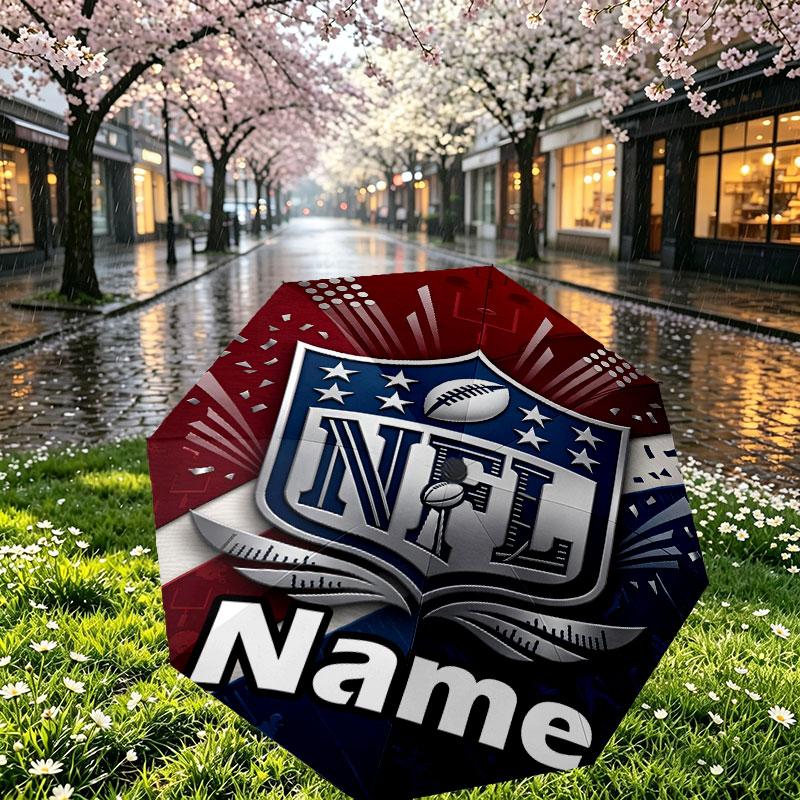 Custom Name Personalized NFL Print Umbrella, Auto Open Close, 8‑Rib Sturdy Frame, Commute Camping Hiking Use, Birthday Gift