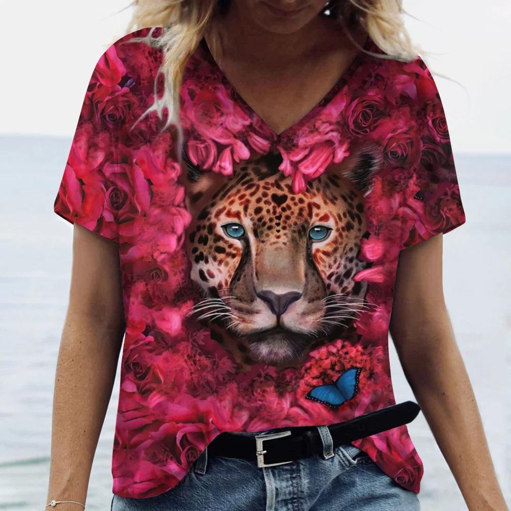 

Летний топ с V-образным вырезом и 3D-принтом в виде животных, модные повседневные женские футболки с короткими рукавами XS