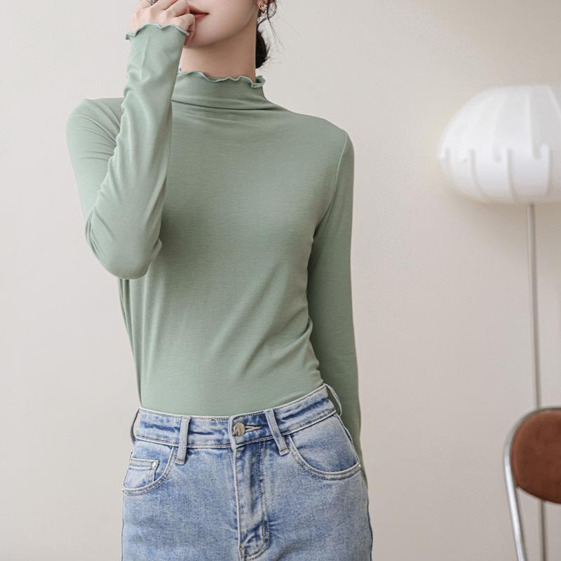 

Модная повседневная женская футболка с полуводолазкой, весна и осень, облегающий топ с длинным рукавом, пуловер с рюшами, простые базовые футболки 2023 года XL светло-зеленый