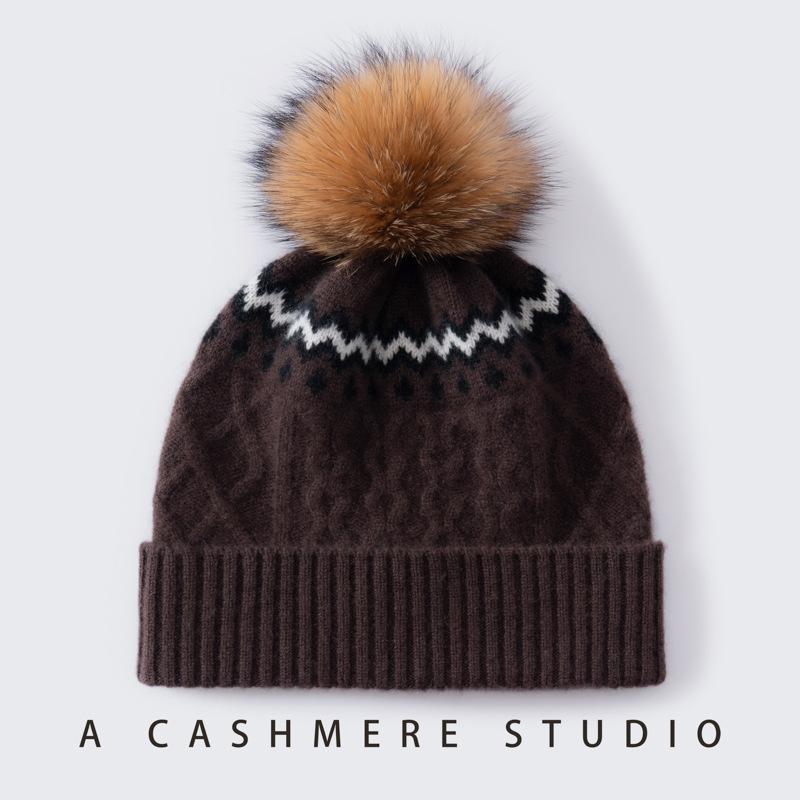 Autumn and Winter New Color Matching% Cashmere Jacquard Knitted Hat Women's Versatile Warm Fashion Ear Protection Wool Hat