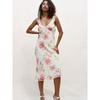 Real Series French Style Downy Gentle Sexy V-neck Rose Print Ruffle Sleeveless Dress