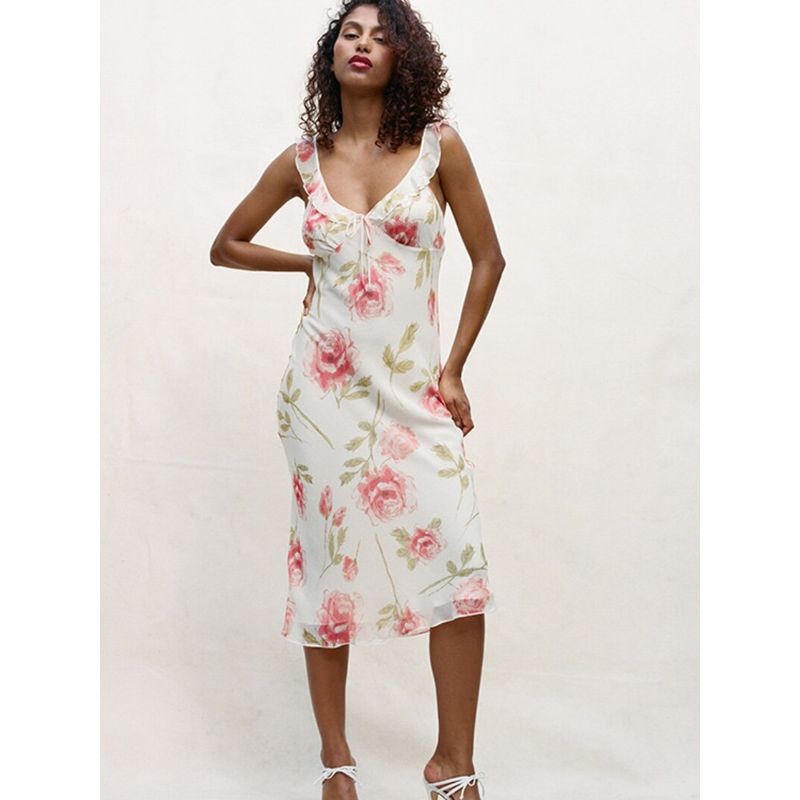Real Series French Style Downy Gentle Sexy V-neck Rose Print Ruffle Sleeveless Dress