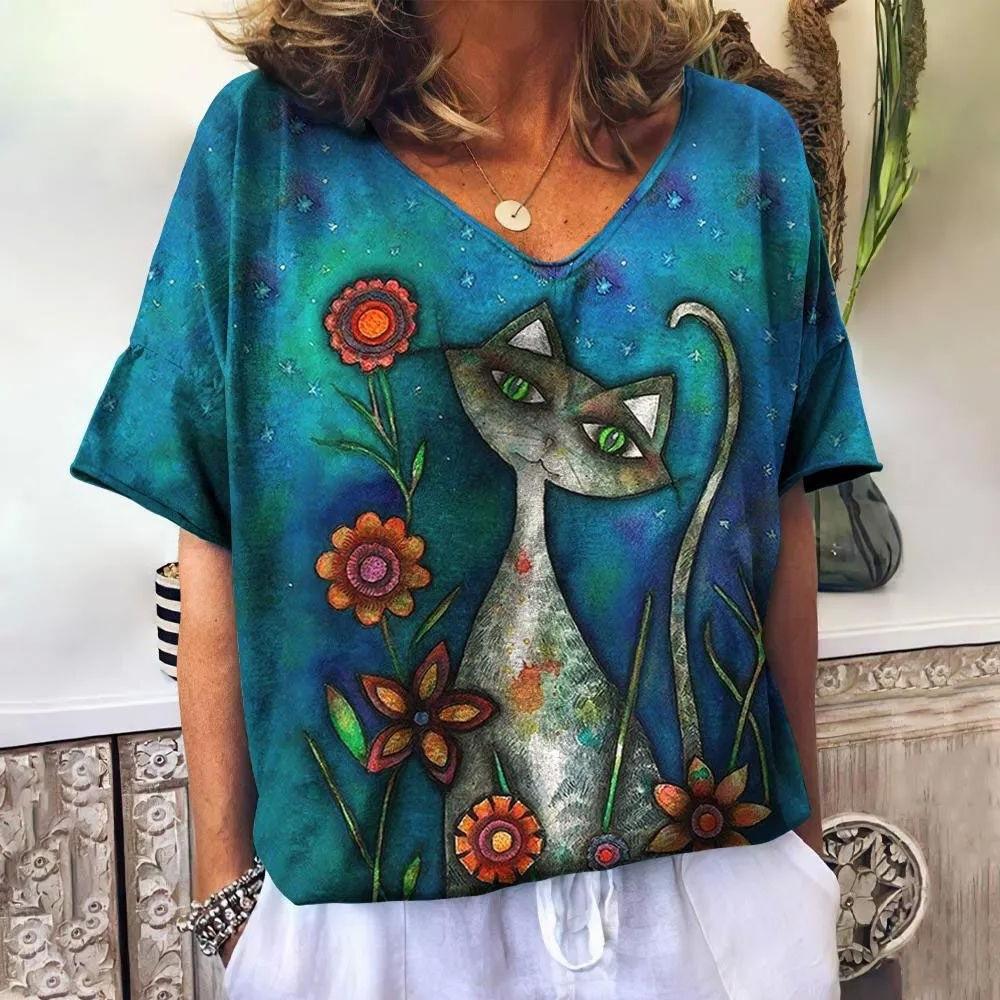Summer V-neck 3D Cat Printed Top Fashionable Casual Short Sleeved Women's T-shirts