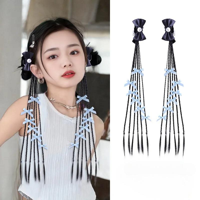 2 Pcs Korean Style Hair Ties for Kids Girls Ponytails Wig Braids with Edgy Bows Children Twist Braids Elastic Hair Accessories