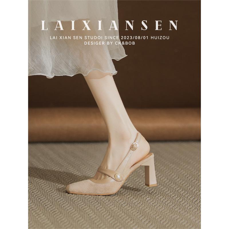 

French bag head sandals summer new thick heel square head cheongsam single shoes nude Mary Jane women s shoes new Chinese high heels 39