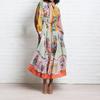 Women's Collar Long Sleeve Maxi Dress Slim Fit High Waist Colorful Patchwork Floral Print Boho Vacation Dress