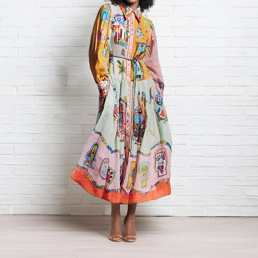 Women's Collar Long Sleeve Maxi Dress Slim Fit High Waist Colorful Patchwork Floral Print Boho Vacation Dress