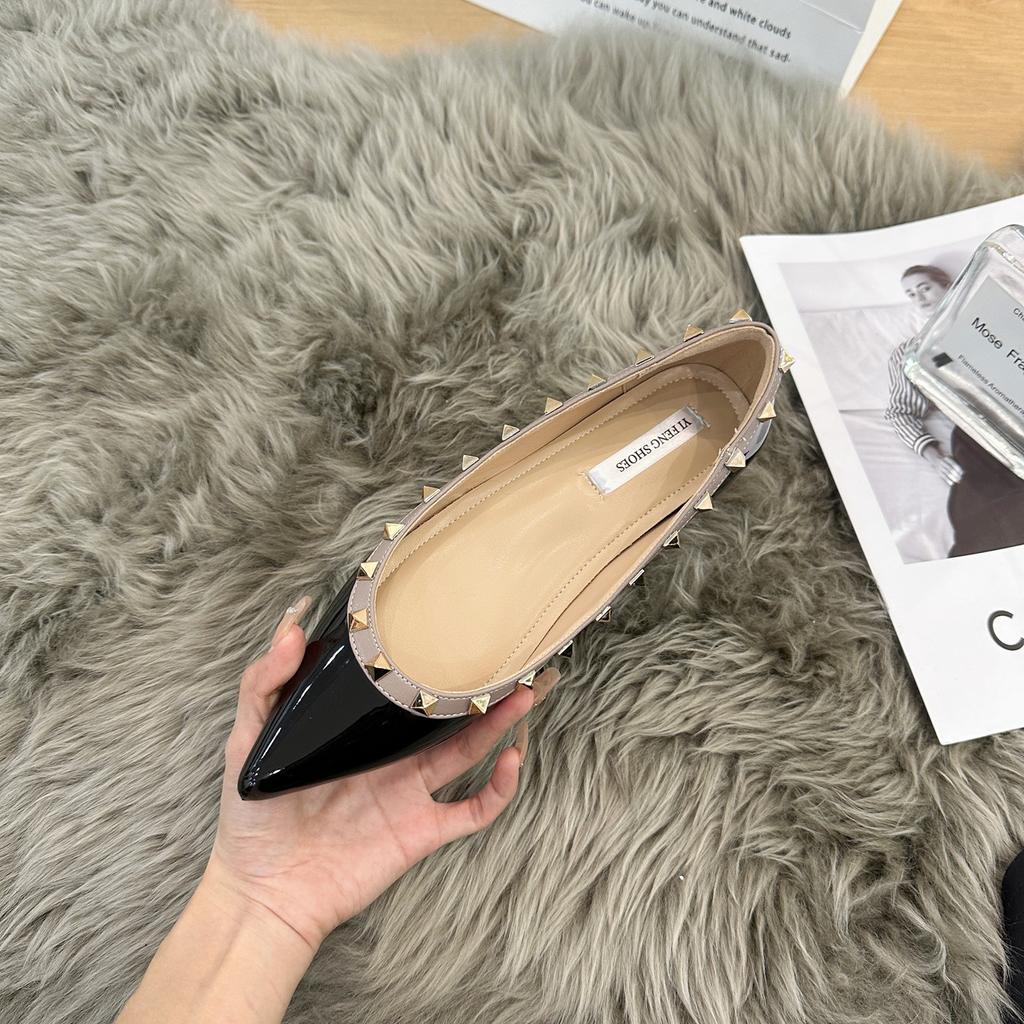 Shallow Mouth 3 Cm Rivet Nude Pointed Soft Patent Leather French Temperament Single Shoes Women's Versatile Commuter Women's Shoes