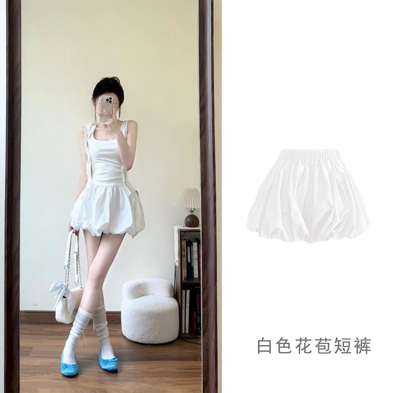 

White Puffy Bud Short Culottes Women s Summer Thin High Waist A- line Wide Leg Pants Slim Looking Small Quick-Drying Bloomers White (Bud Shorts) S