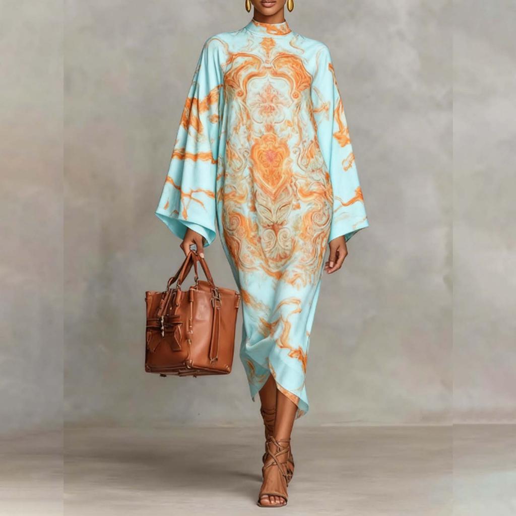 Abito casual alla moda da donna con stampa, manica lunga, gonna lunga ampia