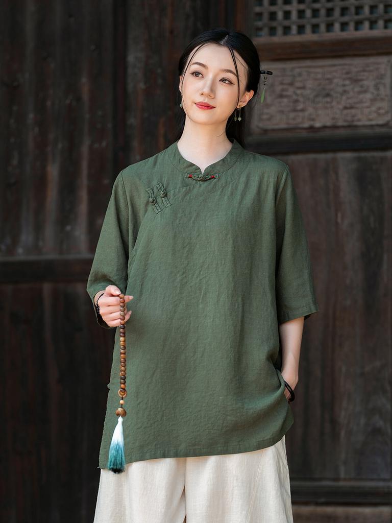 Johnature Vintage Women Shirts Stand Half Sleeve Solid Color Blouses Summer Button Chinese Style Loose Shirts