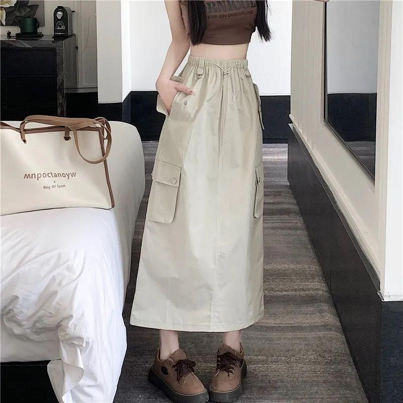 Women's Summer American Vintage Drawstring Utility Midi Skirt - High-Waist Split Loose A-Line Elegant Skirt