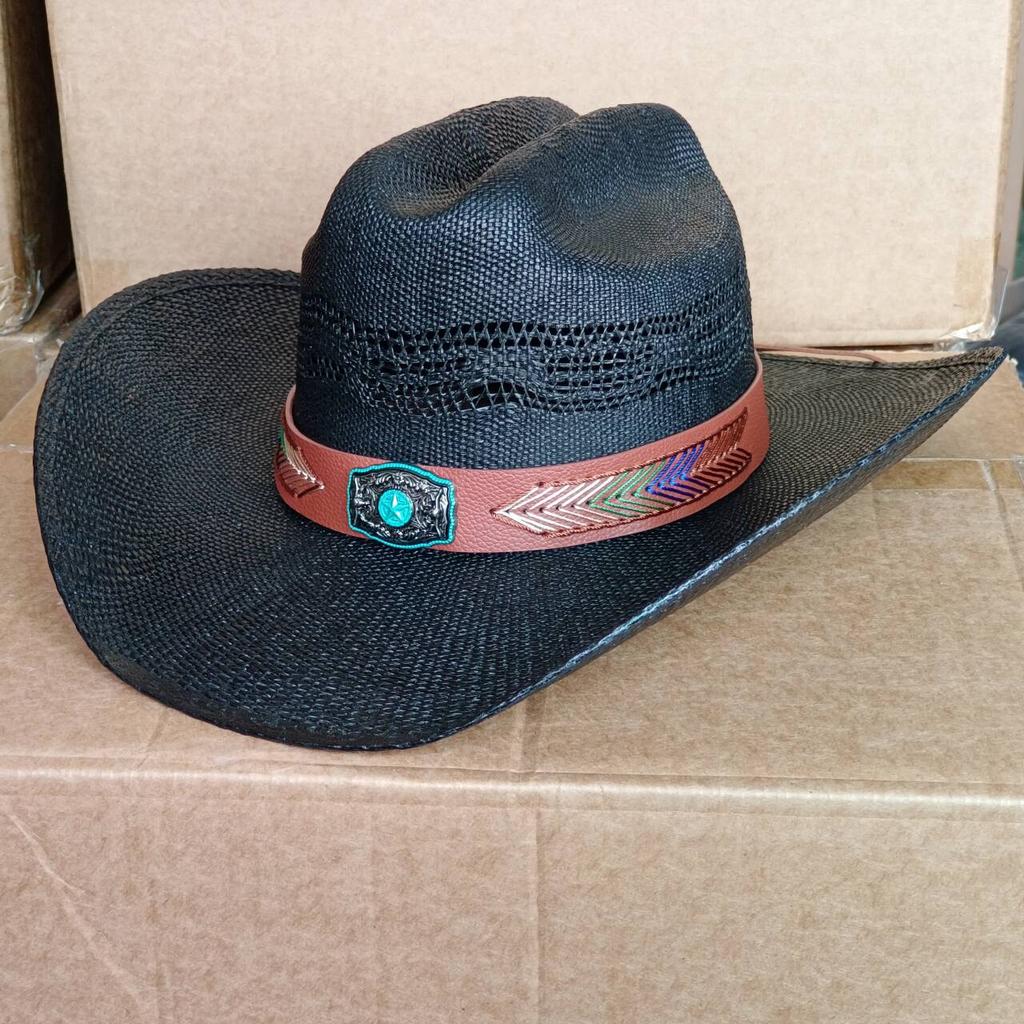 Straw Cowboy Hat Wide Brim Bull-Hide Bangora Women Pasture Straw Hat Cowboy Comfort Band Solid Summer Sombrero