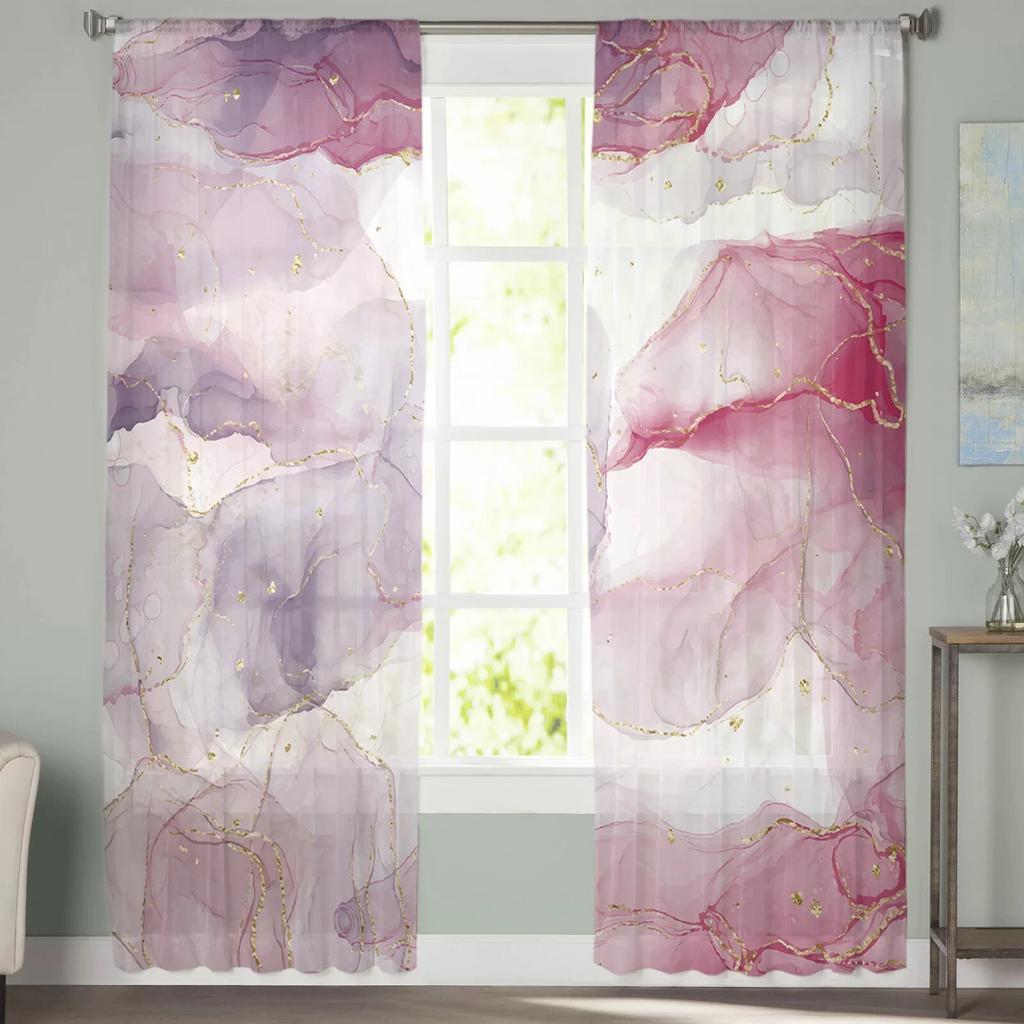 Rideaux transparents en marbre rose aquarelle, pour salon, chambre à coucher moderne, en Tulle, draperies de fenêtre, décor